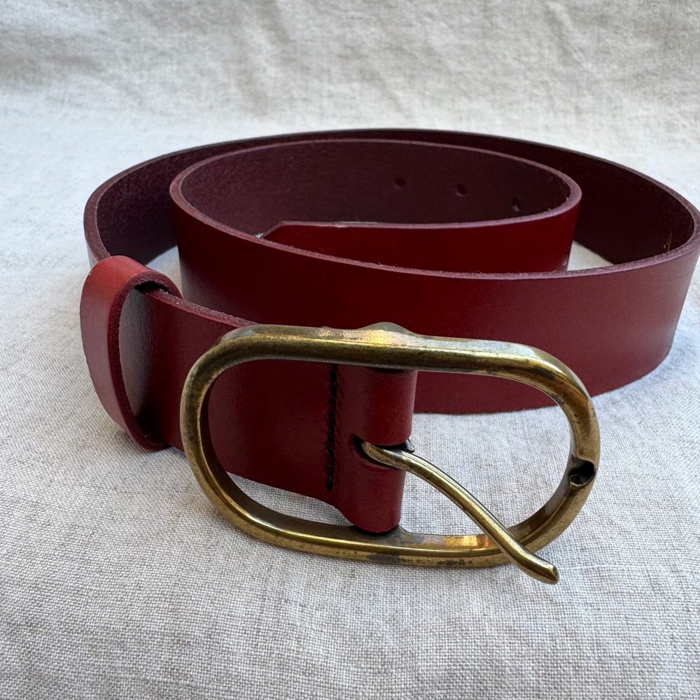 Anthropologie Belt small Red Leather Antique Brass Oval Buckle Boho Minimalist